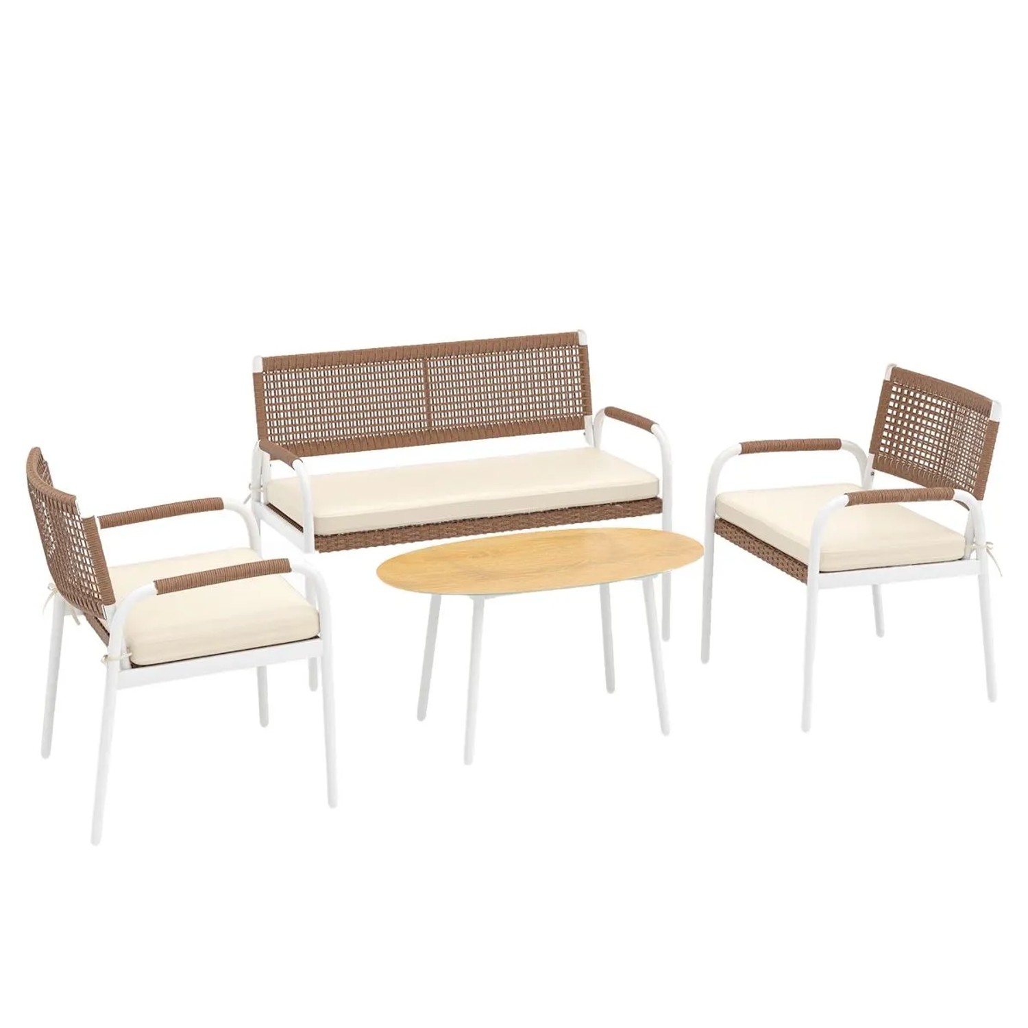 Costway Rattan Gartenmöbel Set Outdoor Möbel mit 2 Stühlen Bank Tisch