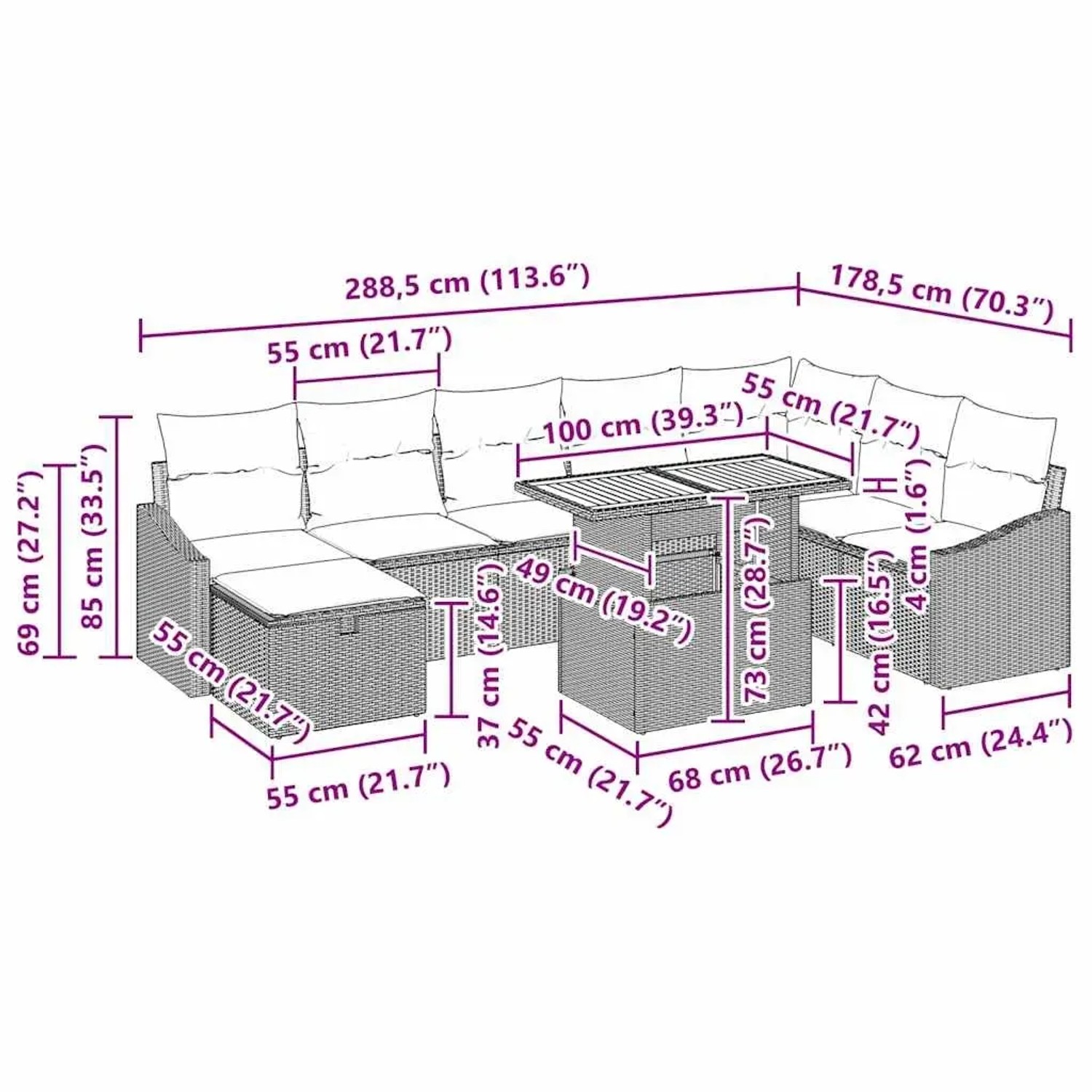 Graues 9-teiliges vidaXL Garten-Sofa-Set mit Kissen und Stauraum aus Polyrattan mit Maßangaben.