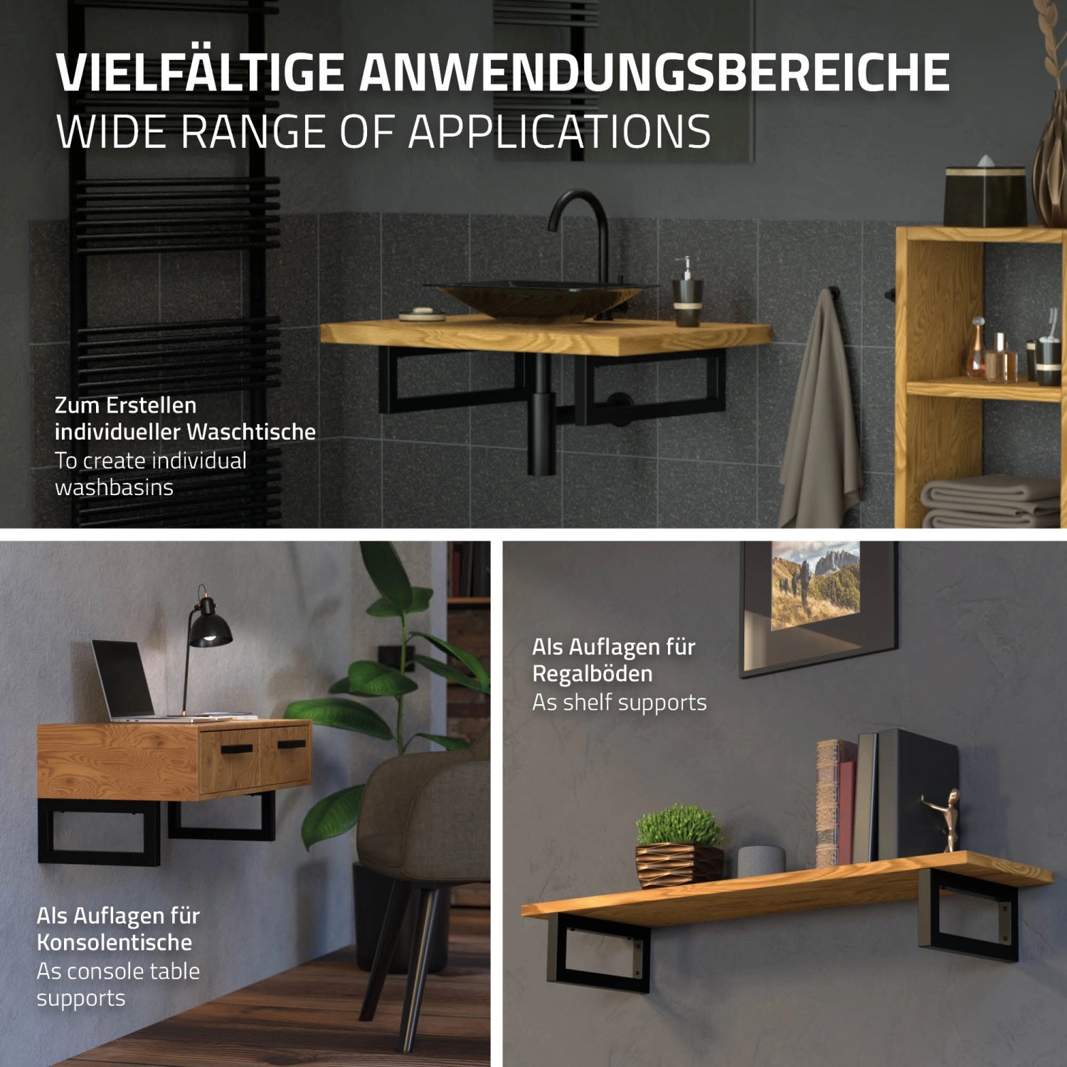 ML-Design Wandkonsole 2er Set, schwarz, für Waschtisch, Regal oder Konsole.