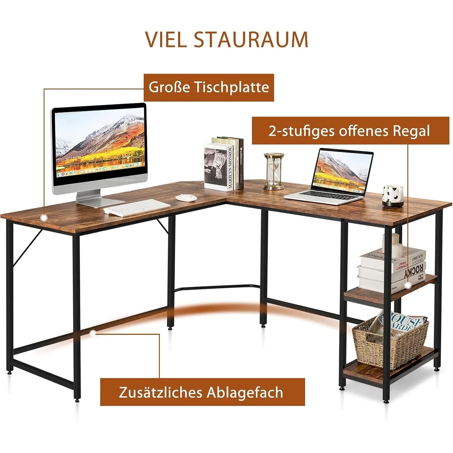 L-förmiger Costway Schreibtisch in Braun mit Ablagefächern und Metallgestell.