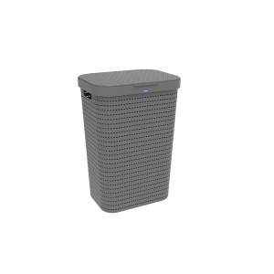 Grauer Rotho Wäschesammler Country 55L mit Rattan-Optik und Deckel.
