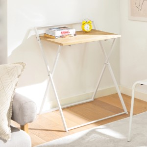 SoBuy Klappschreibtisch FWT88-WN, weißes Metallgestell, helle Holzplatte, ideal für Home-Office.