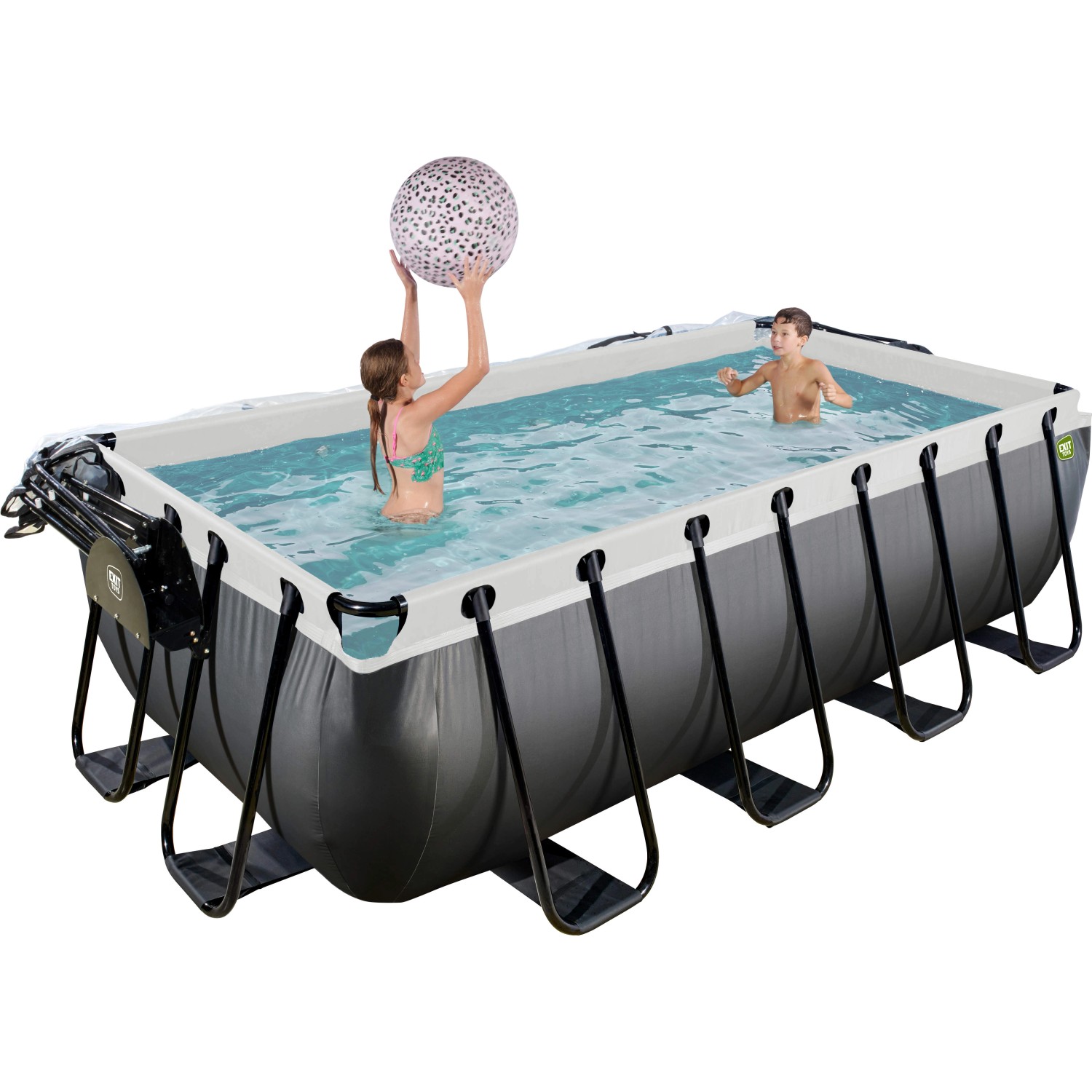 Exit Black Leather Pool mit Sandfilterpumpe und Abdeckung, Kinder spielen im Stahlrahmen Pool.