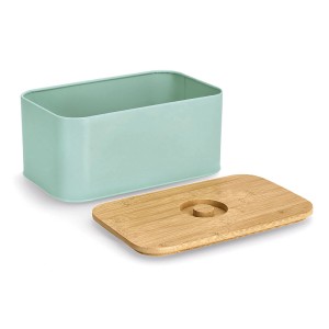 Mintfarbener Zeller Brotkasten aus Metall mit Bambusdeckel, 30x18x14 cm.