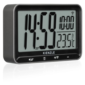 Digitaler Kienzle Funkwecker in Silber-Schwarz mit Temperaturanzeige und großem Display.