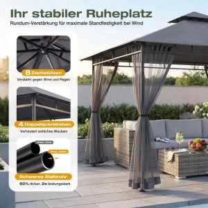 Grauer Sekey Pavillon 3x3m mit Doppeldach und Moskitonetz auf Terrasse. Stabile Stahlkonstruktion für Windfestigkeit.