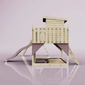 PolarPlay Spielturm Frida in Altrosa: Holzspielturm mit Rutsche, Schaukel und Kletterwand für Kinder.