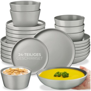 Tectake Una Tafelservice für 6 Personen, 24-teilig, aus grauem Steingut im Urban-Stil. Stapelbares Geschirrset.