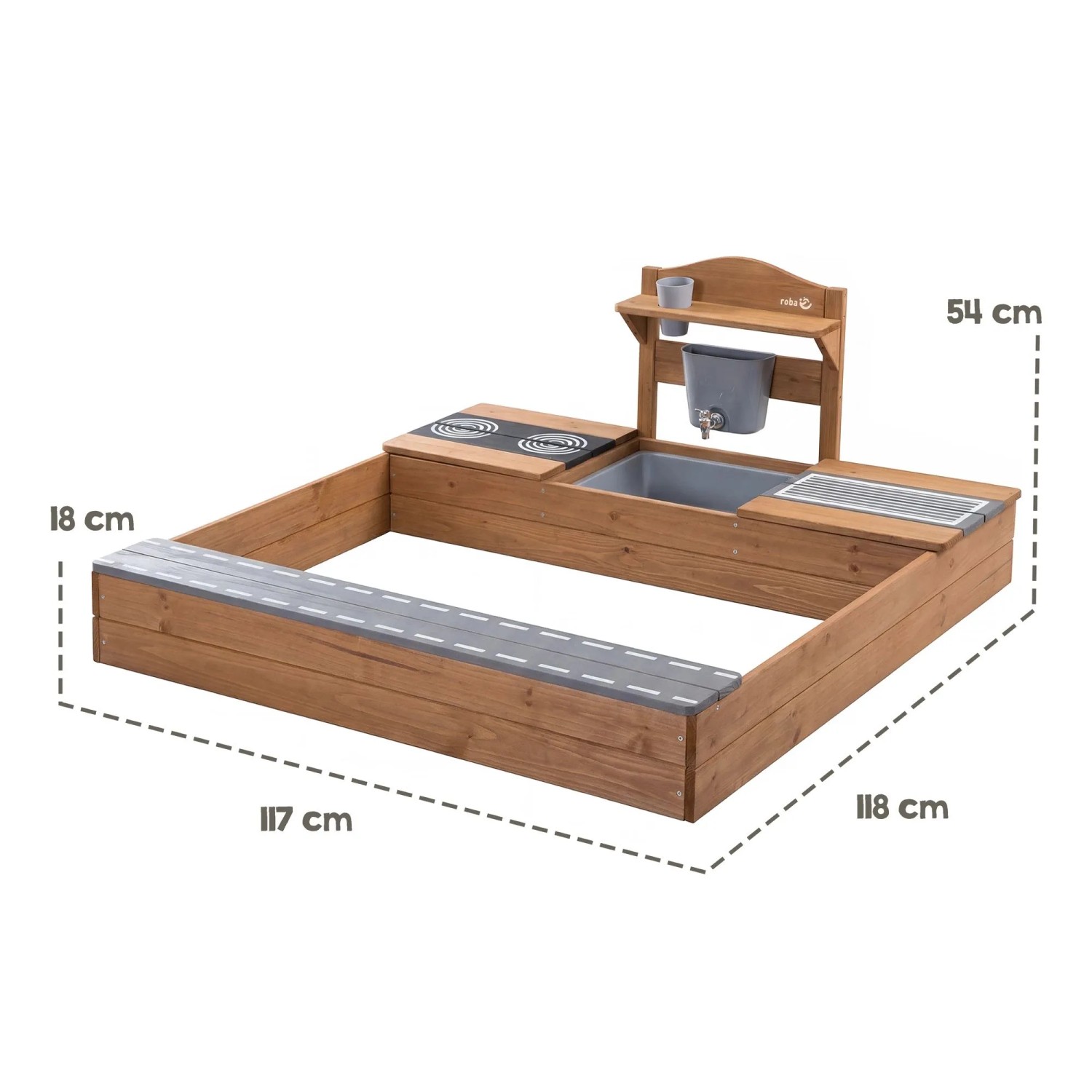 roba Sandkasten aus Holz mit Matschküche, Spüle, Wasserhahn, Kochfeldern und Sitzbank. Teakfarben für Kinder.