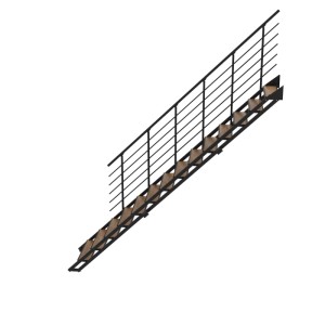 Minka Raumspartreppe Flex Hybrid: gerade Innentreppe, schwarz, Eiche-Design-Stufen, Metallgeländer.