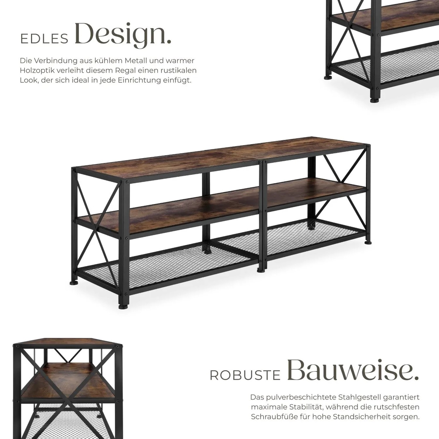 Tectake Tv Regal Chicago Industrial Style Holz und Stahl 141 x 41 50 x 50 50 cm Industrial Holz Dunkel Rustikal_3
