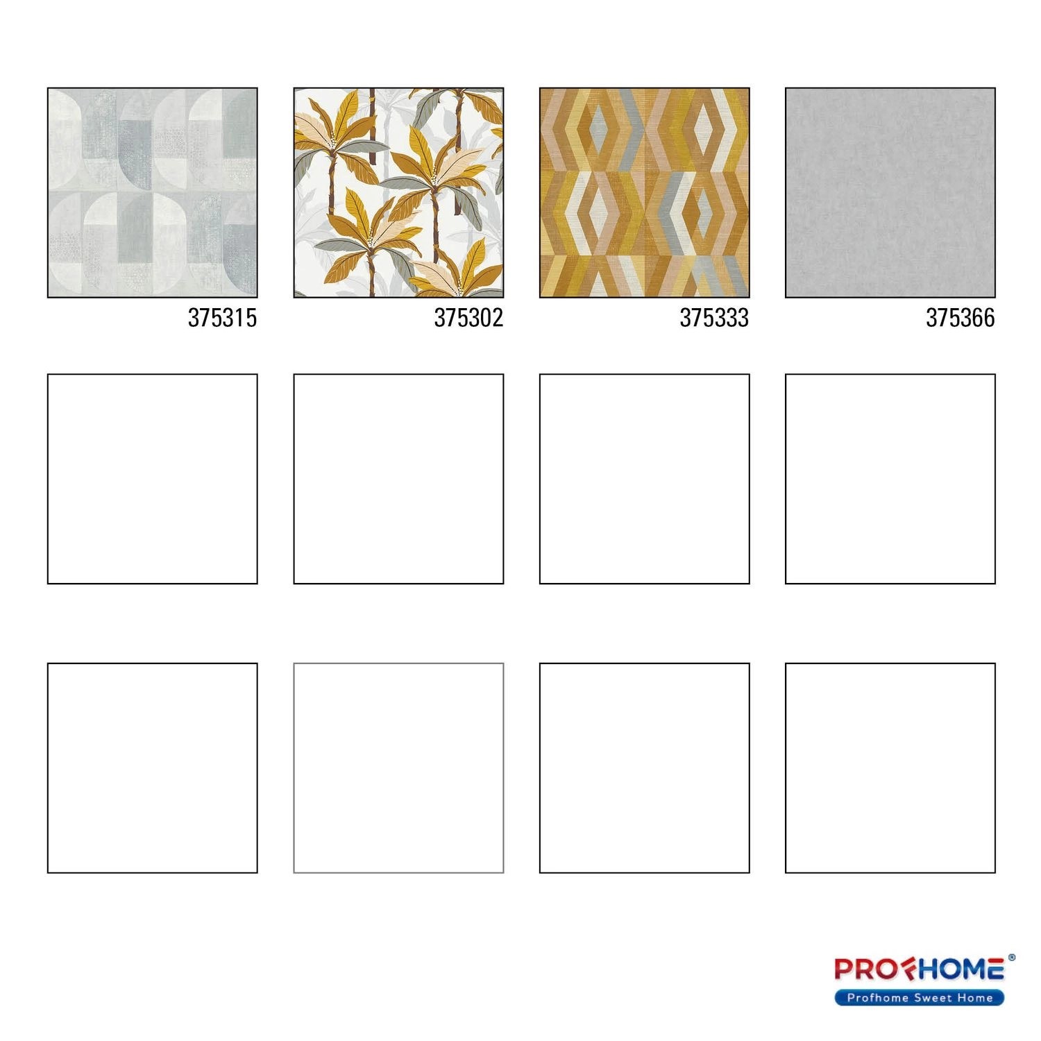 Muster verschiedener PROFHOME Tapeten, u.a. graue Grafik Tapete mit geometrischem Muster.