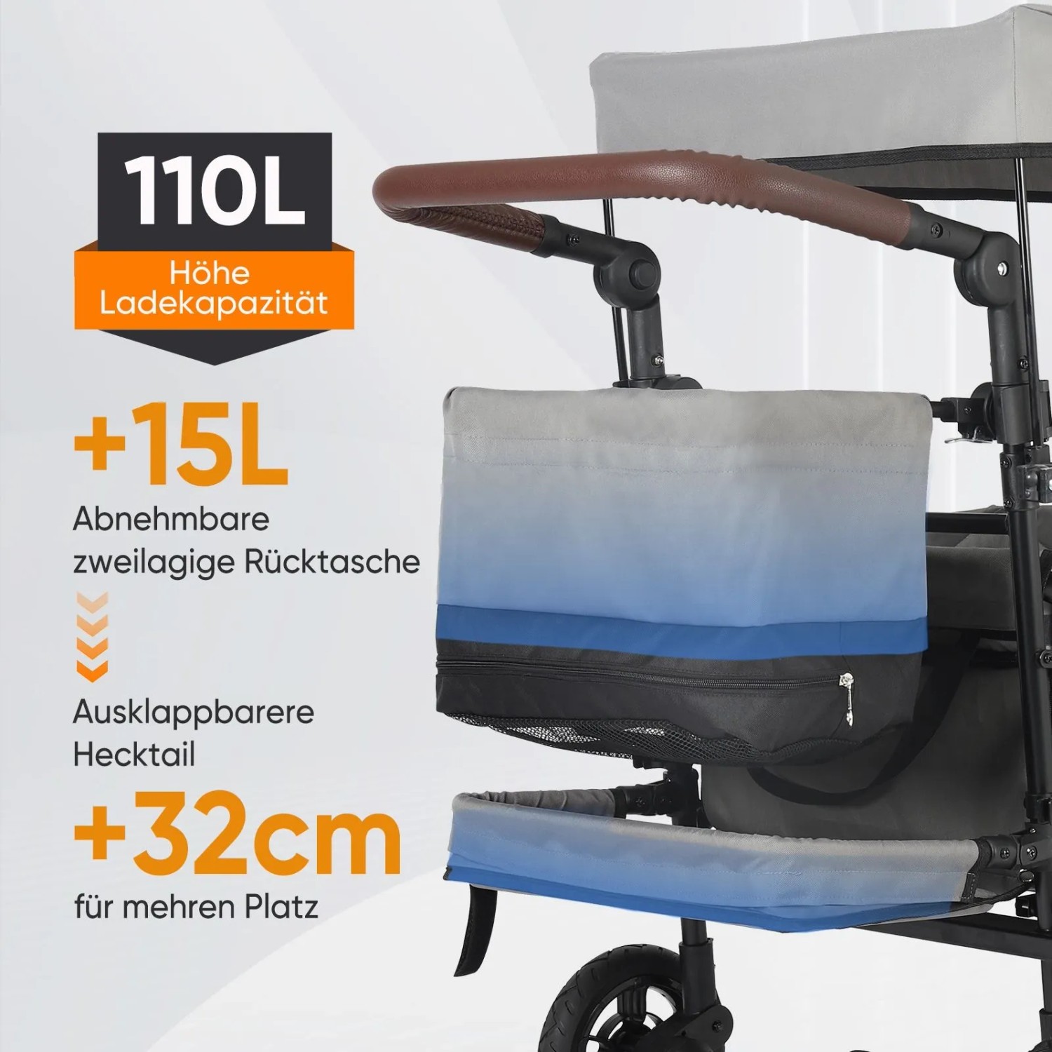 Grauer Sekey Bollerwagen mit Dach, Hecktasche und hohem Stauraum für Camping & Ausflüge.