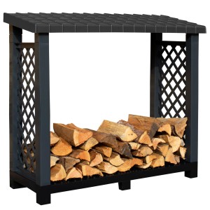 NYVI Kaminholzregal aus Kunststoff, anthrazit, mit Kaminholz gefüllt.