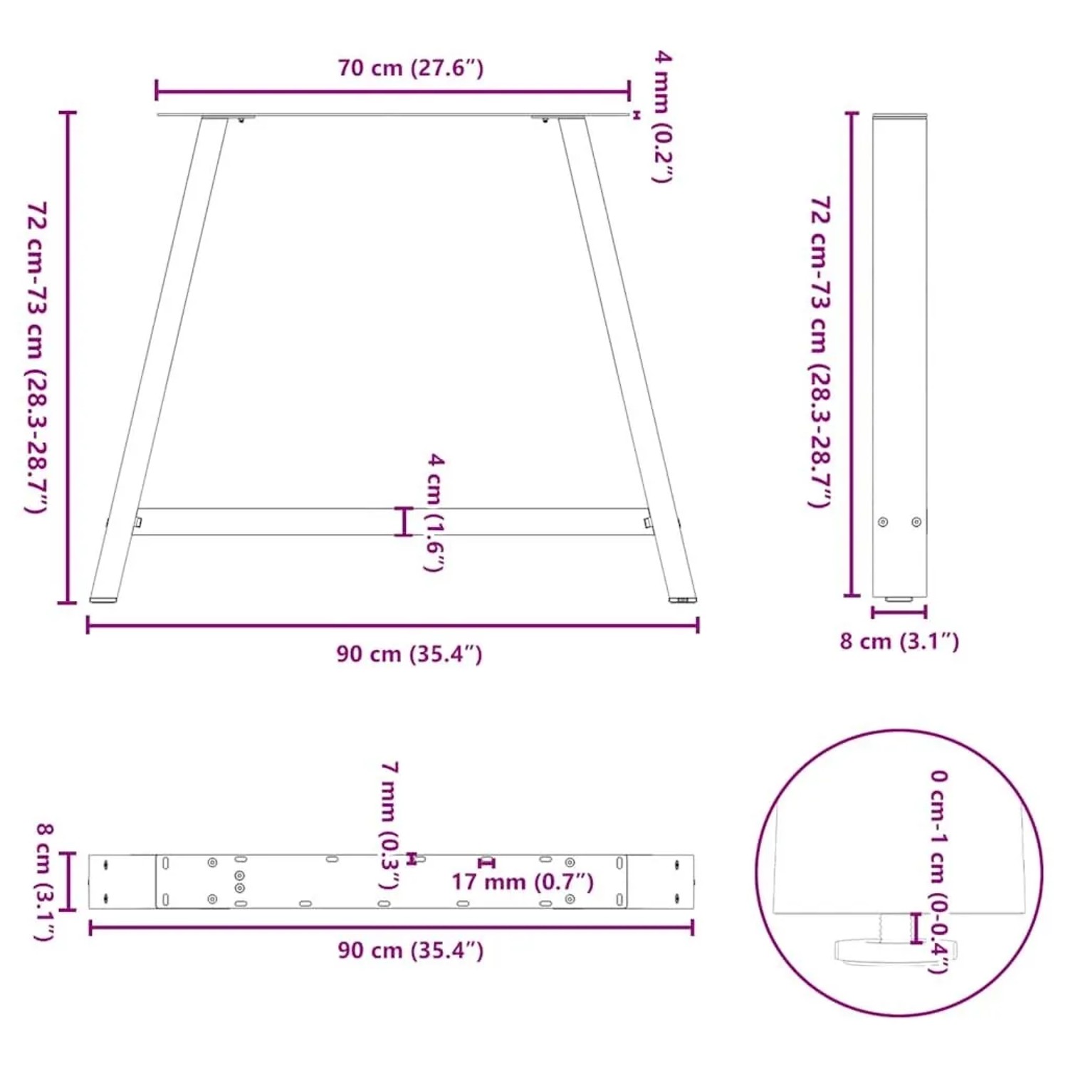 vidaXL Esstischbeine A-Form, 2 Stk, schwarz, Stahl, 90x72 cm. Möbelbeine mit Maßen.