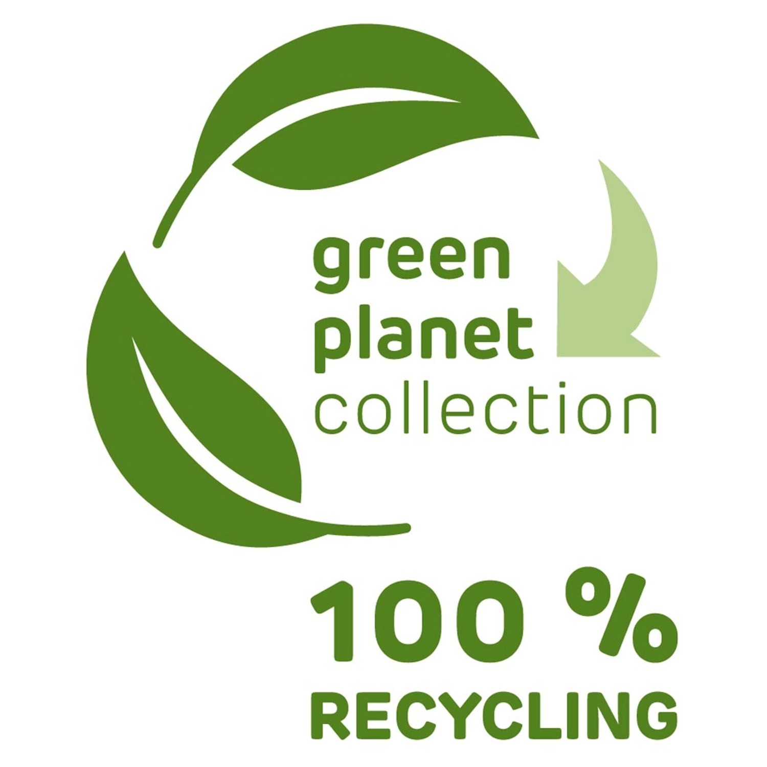 Green Planet Collection Logo: Blätter und Recycling-Pfeil, 100% Recycling.