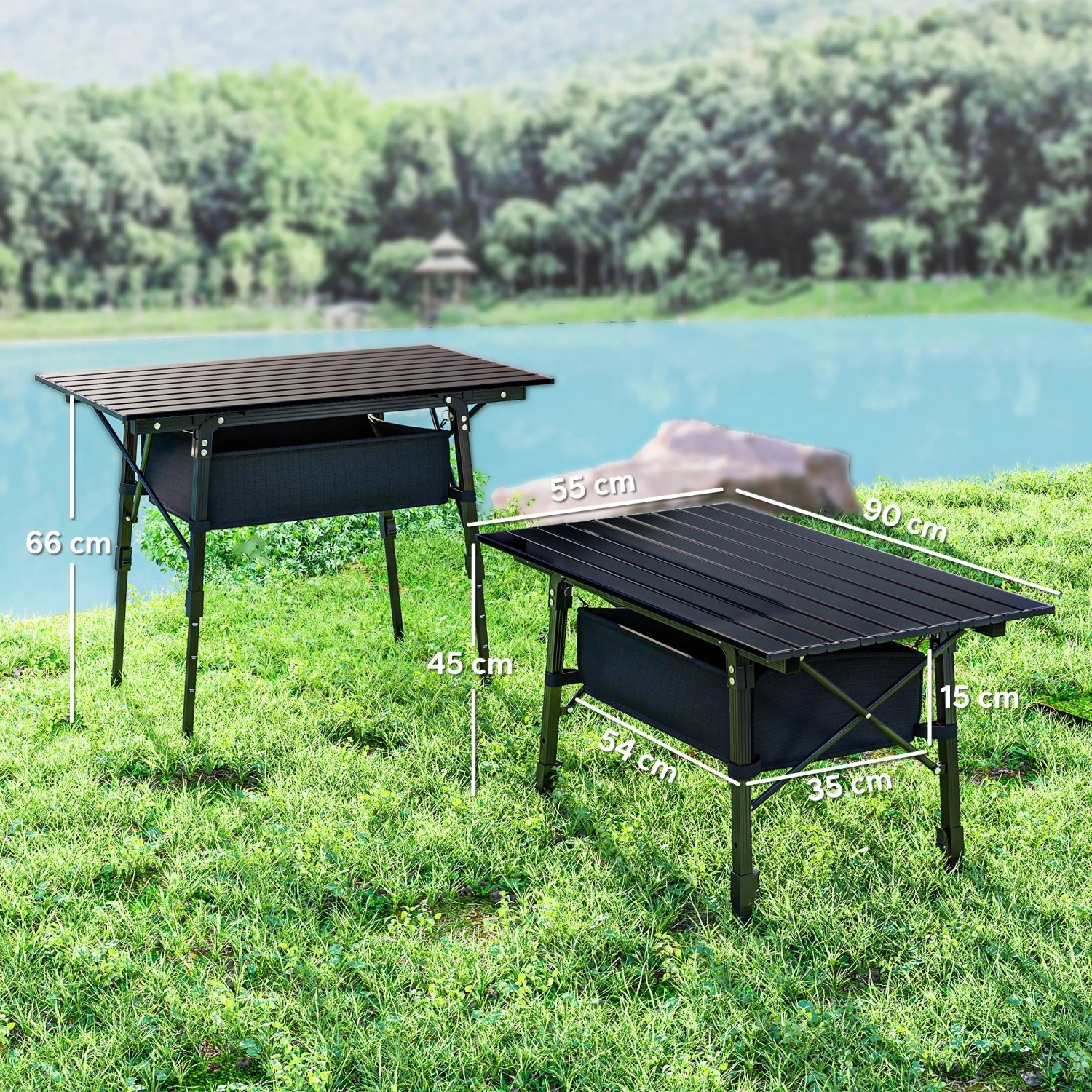 Outsunny Campingtisch aus Aluminium, schwarz, mit Aufbewahrungskorb und verstellbarer Höhe.