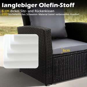 Detailaufnahme: Schwarzes Polyrattan Balkonmöbel Set mit grauen Kissen, Fokus auf Sitzkomfort.