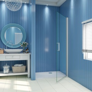 Begehbare AICA Duschkabine 100x185cm mit Alu Silber Rahmen und Klarglas Duschwand im Badezimmer.