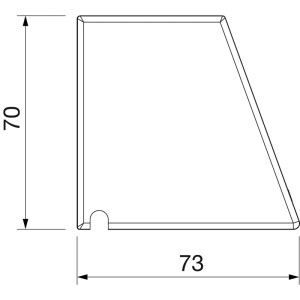 Profilansicht der Evoline R-Dock Schubladensteckdose. Zeigt Maße 70x73mm und schräge Front. Elektroinstallationsmaterial.