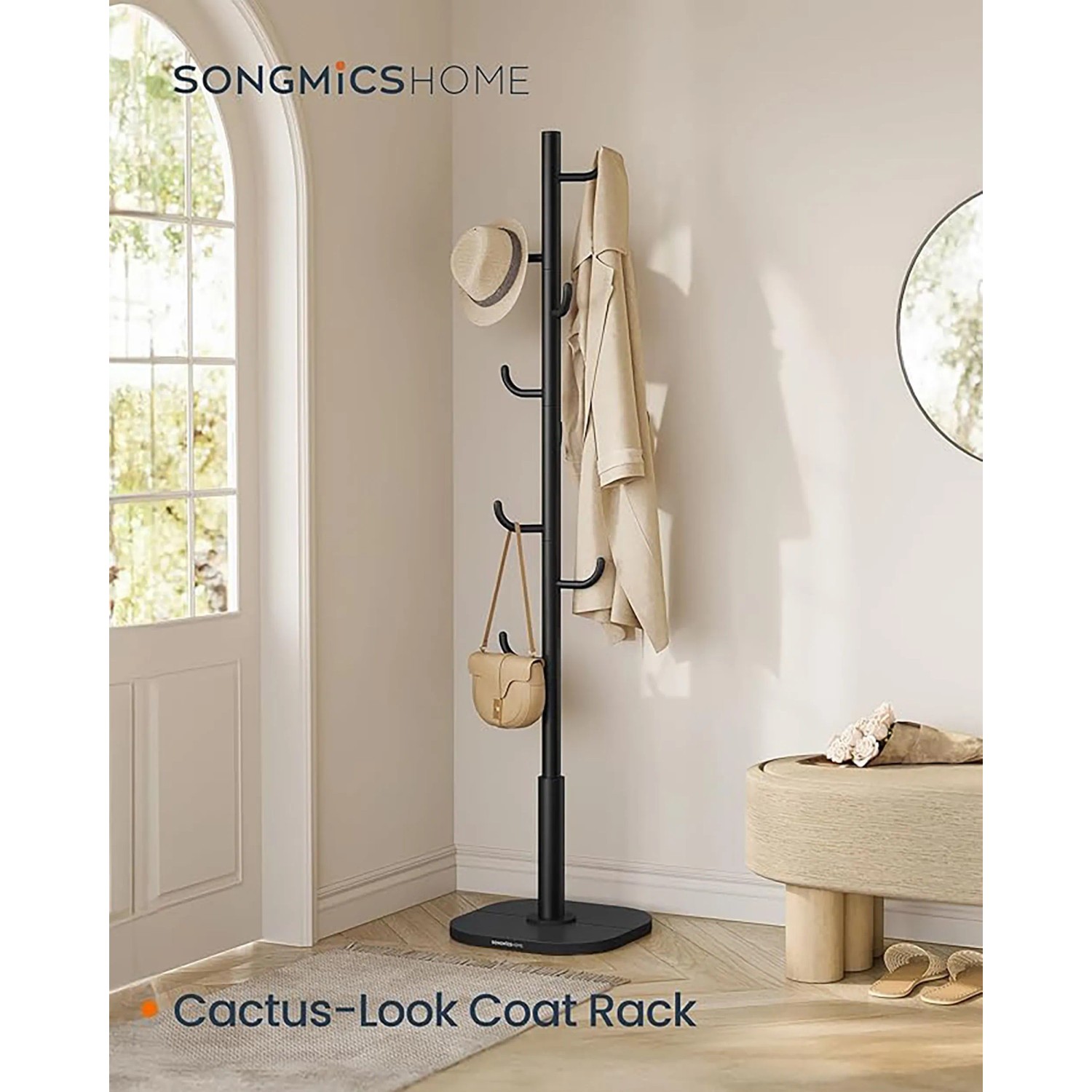 Schwarze Songmics Garderobe in Kaktusform mit 8 Haken für Jacken, Hüte und Taschen.