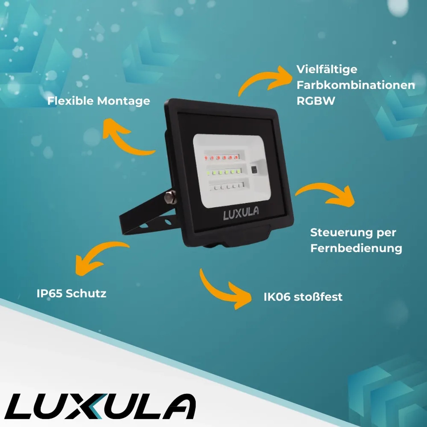 Schwarzer LUXULA LED-Strahler RGB 20W, einstellbar, für Außen, wetterfest IP65.