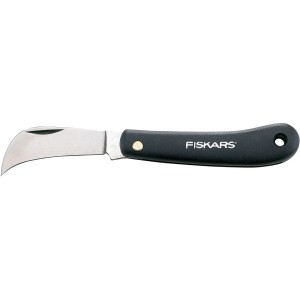 Fiskars Gartenhippe K62, Gärtnermesser mit gebogener Klinge und schwarzem Griff.