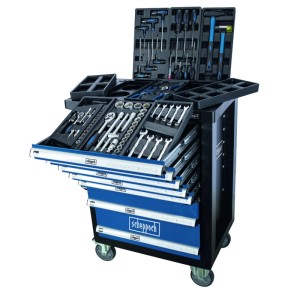 Scheppach Werkstattwagen TW1100 mit 71-teiligem Werkzeugset, blau und schwarz.