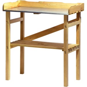 Pflanztisch aus imprägniertem Kiefernholz mit verzinkter Ablage für Gartenarbeit.