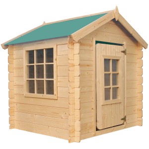 Timbela Kinderspielhaus aus Holz mit grünem Dach, Fenster und Tür. Ideal für den Garten.