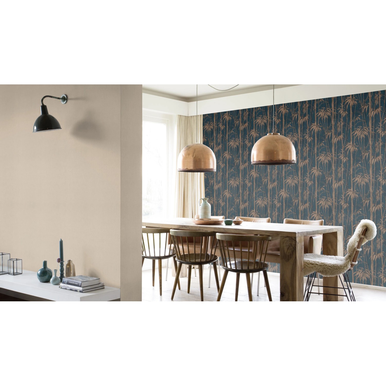 Rasch Vliestapete Florentine III, Uni Leinen, helle Wand und Wand mit Bambusmuster im Esszimmer.