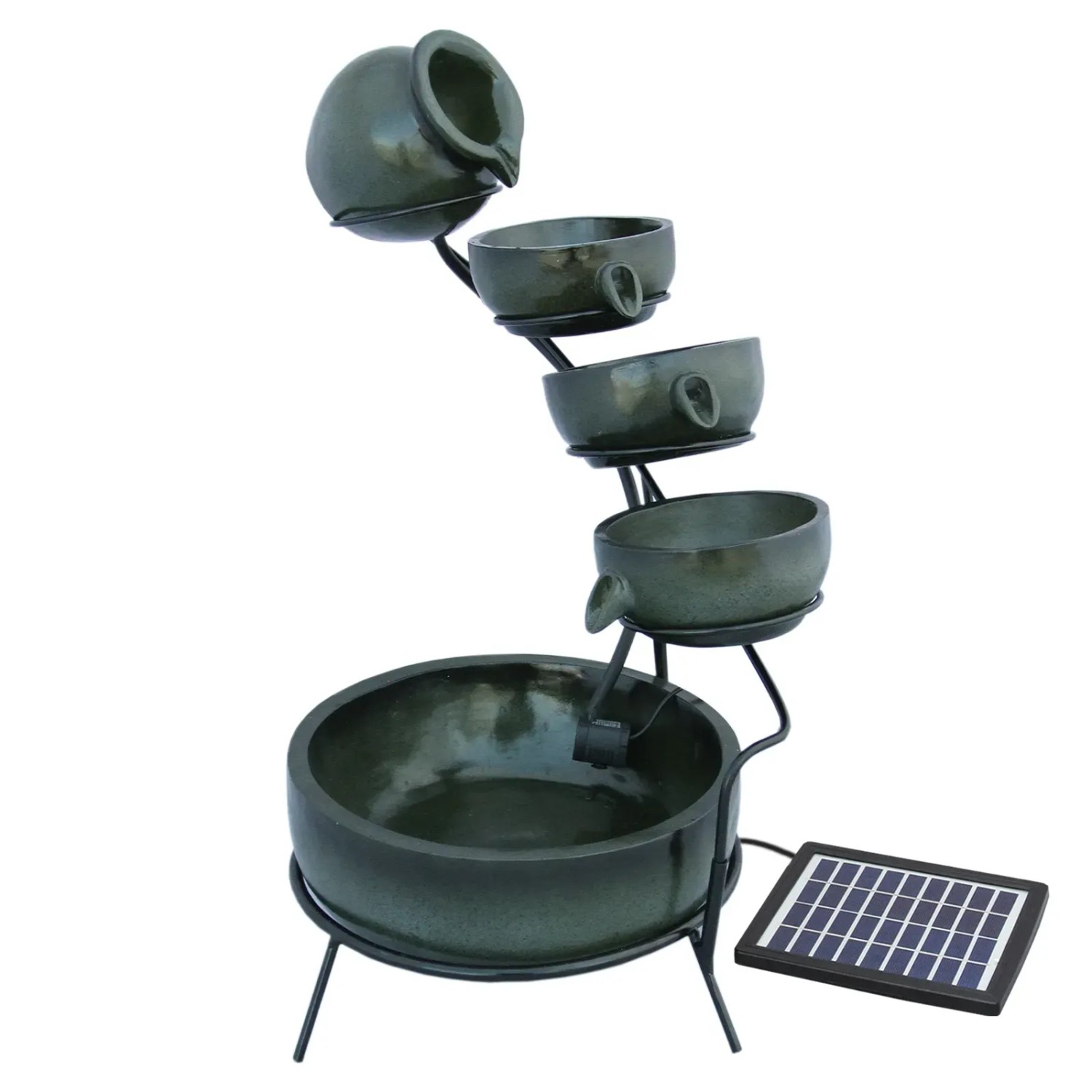 Monstershop Solar Kaskadenbrunnen Grun mit 4 Schalen und Solarpanel für den Garten.