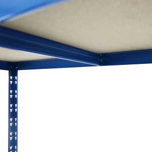 Detailaufnahme: Blaues KARAT Reifenregal mit Regalböden, ideal für Keller und Garage.
