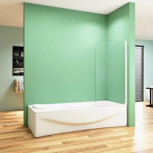 Duschparadies Badewannenaufsatz 75x140cm aus Glas mit Chromrahmen auf Badewanne.