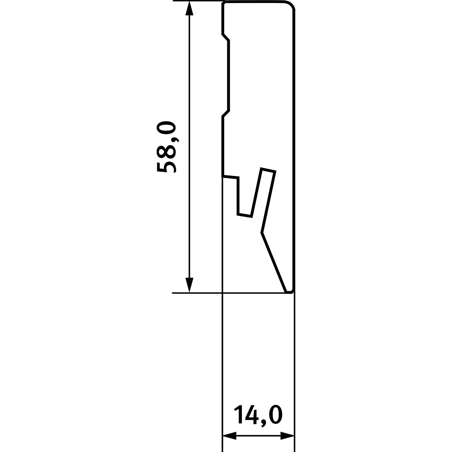 Technische Zeichnung: Egger Sockelleiste L686, Profil mit Maßen 58 x 14 mm, für Fußboden Ortega Eiche.