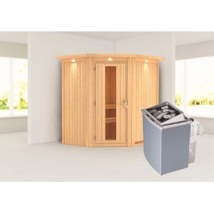 Karibu Sauna Tjorven mit Ofen und LED-Dachkranz, Eckeinstieg, Holz-Glastür.