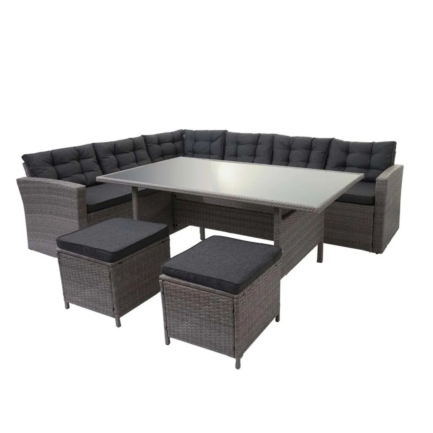 MCW Poly-Rattan-Garnitur A29 Grau Kissen Grau mit 2x Hocker