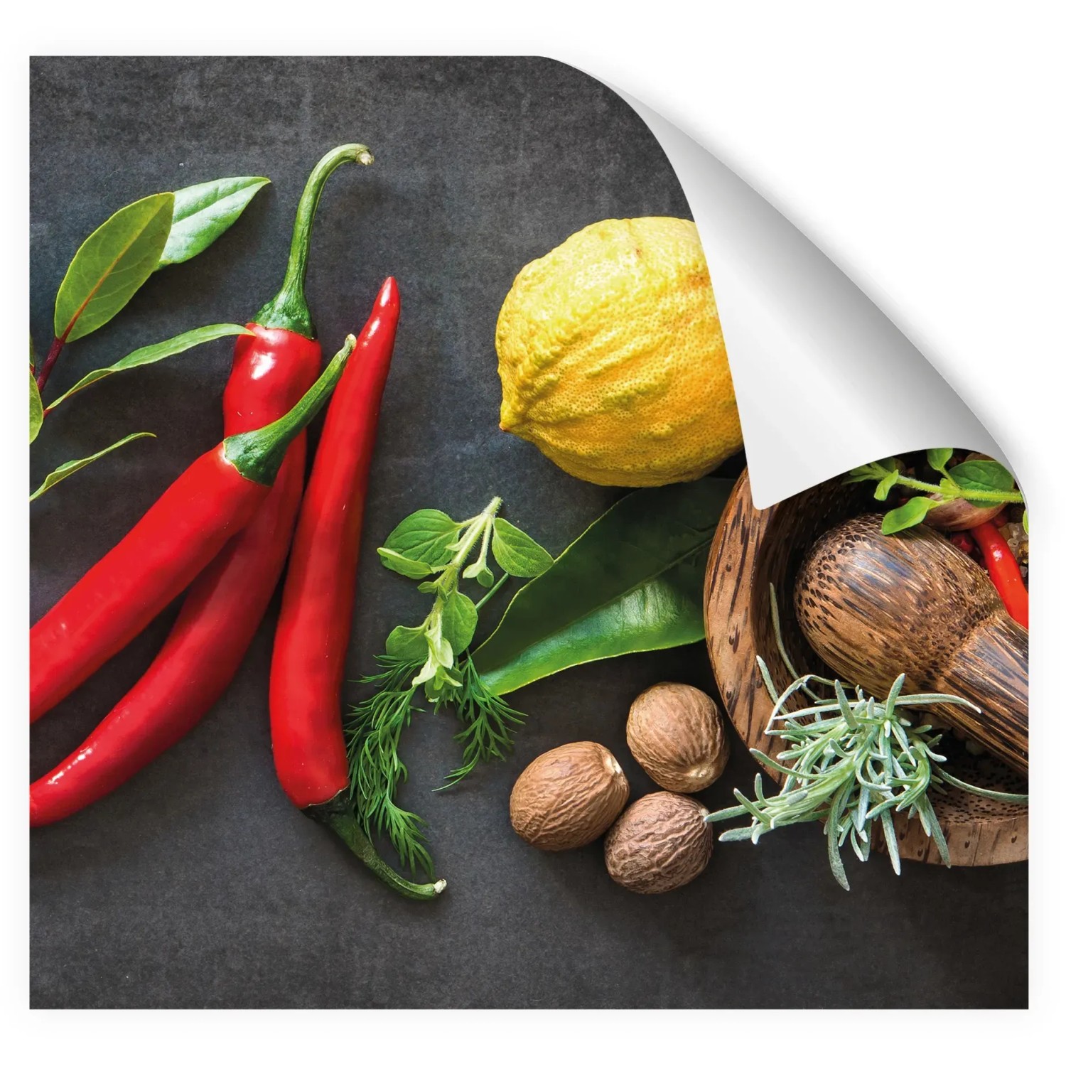 Myspotti Küchenrückwandfolie Fresh Spice mit Chili, Zitrone und Gewürzen.