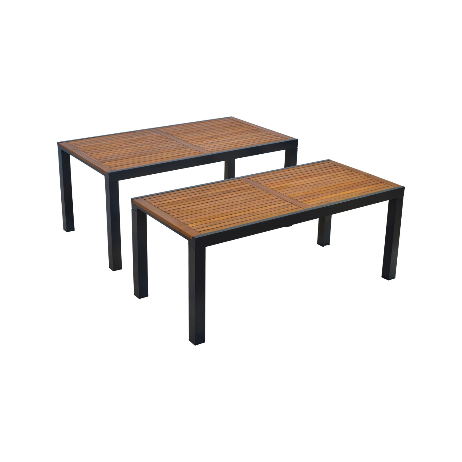 Merxx Athos Gartentisch-Set, ausziehbar, mit Akazienholz-Tischplatte und schwarzem Gestell.