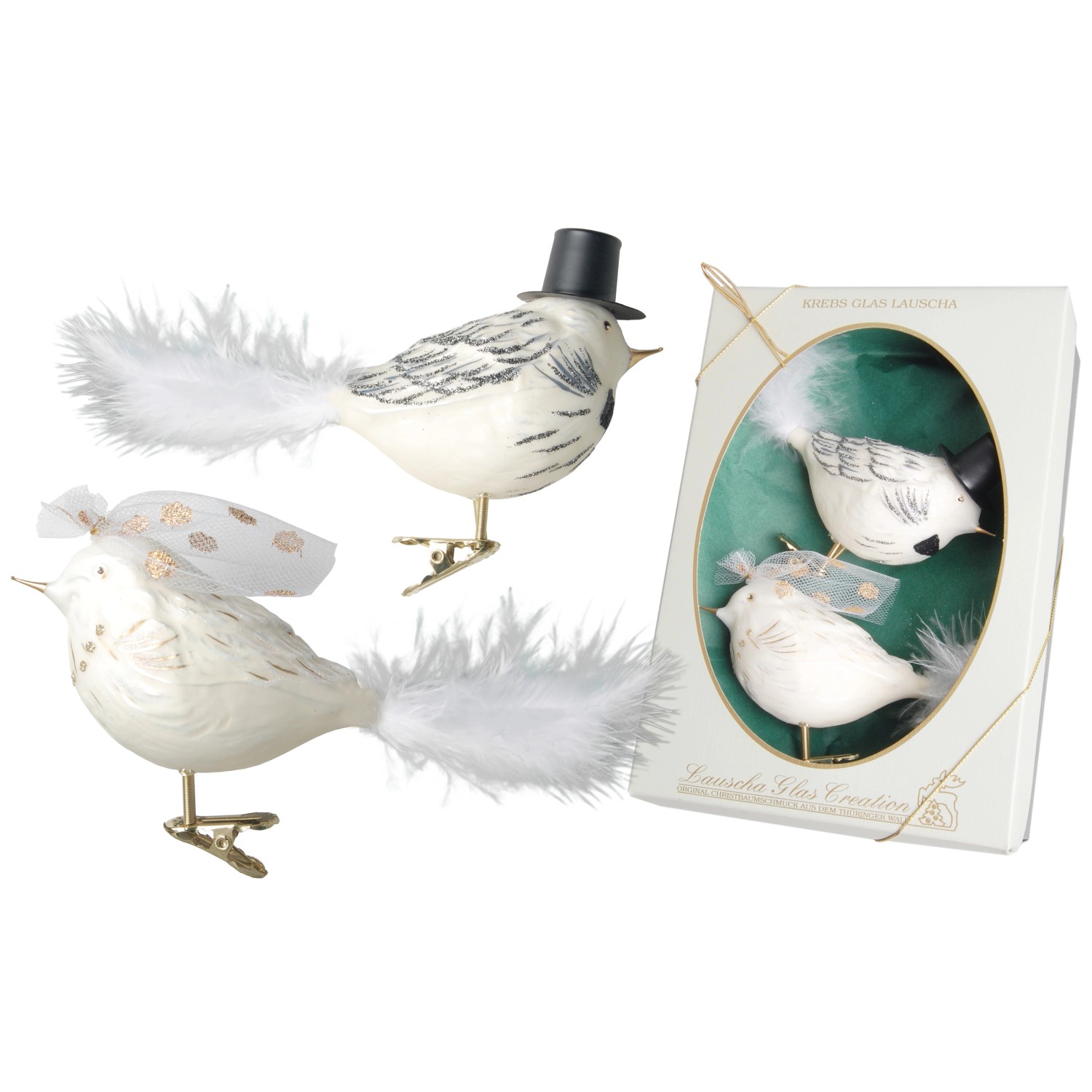 Krebs Glas Lauscha Baumschmuck Vogel Brautpaar Weiß 9cm