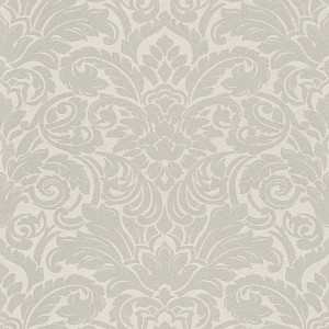 Hellgraue Vliestapete mit elegantem Barock Muster für Wohn- und Schlafzimmer.