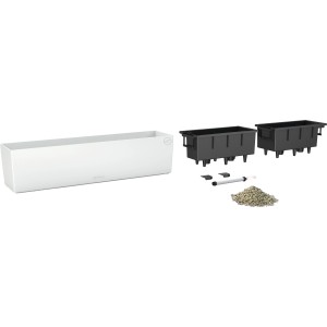 Lechuza Balconera Color 80, weißer Blumenkasten mit Bewässerungssystem und Zubehör.