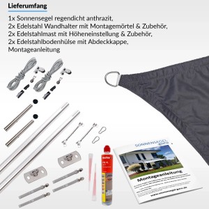 Toldoro Sonnensegel Komplettset 4x4m anthrazit mit Zubehör, Masten, Halterungen und Montageanleitung.