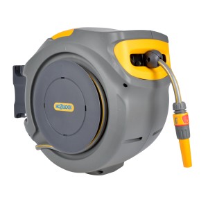 Hozelock Auto Reel Schlauchtrommel mit 30m Schlauch, grau/gelb, zur Wandmontage.