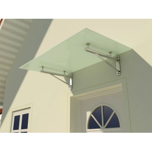 Modernes Glasvordach Elbrus mit Milchglas und Edelstahlhalterung über einer Haustür.