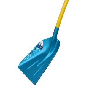 Sonneck Alu-Schaufel Elox, blaue Schneeschaufel mit gelbem Hartholzstiel.