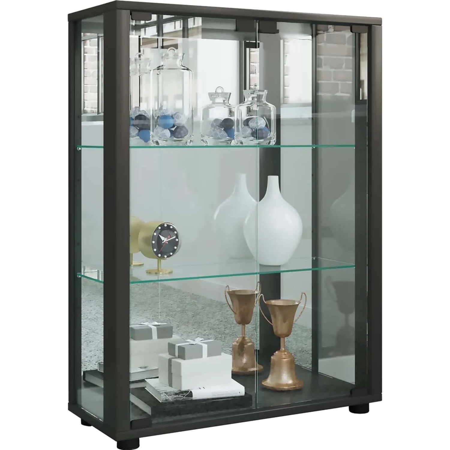 ebuy24 Sintalo Vitrinenschrank mit Spiegel 2 Glastüren Schwarz