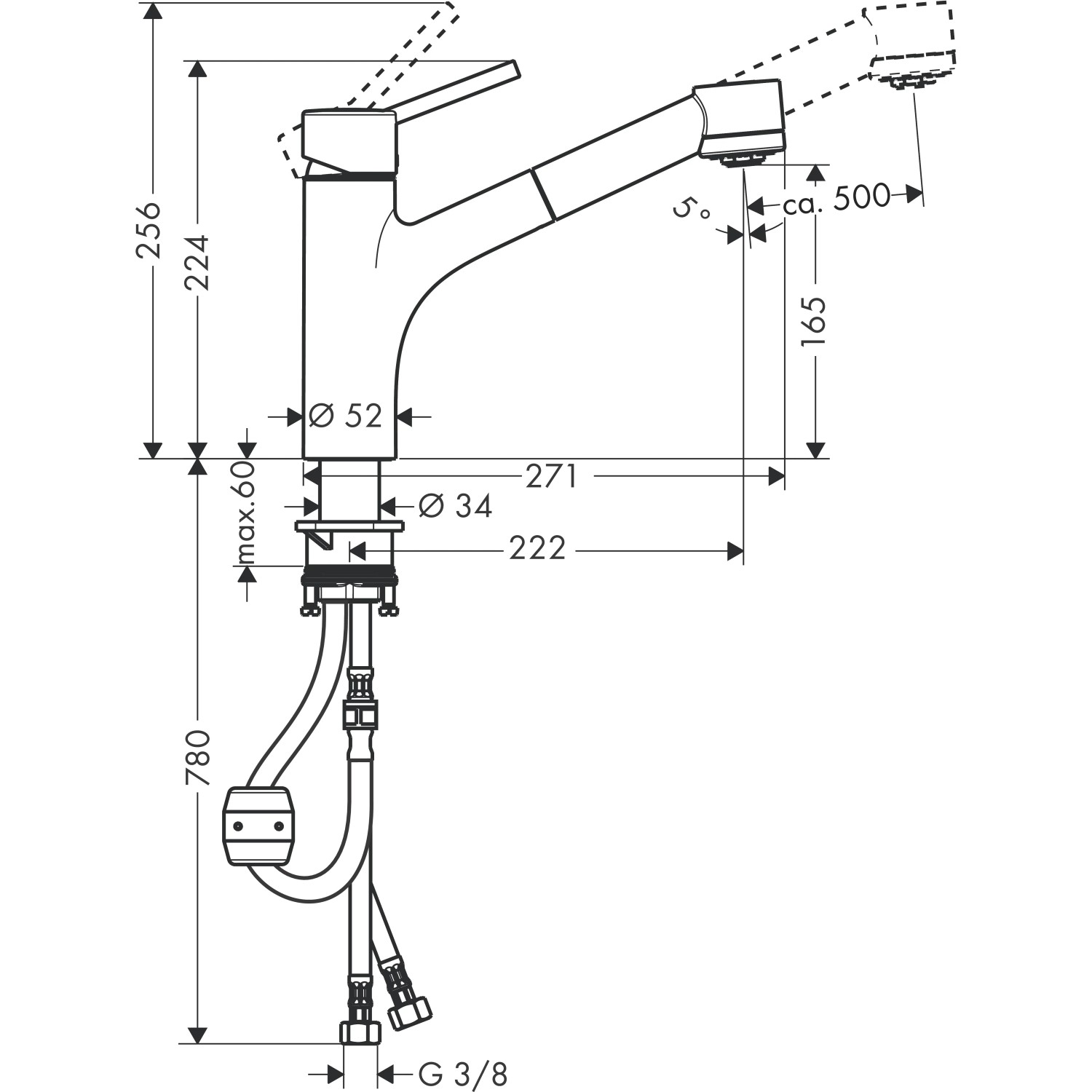 Technische Zeichnung: Hansgrohe Talis S Küchenarmatur mit Ausziehbrause, Maße und Anschlüsse.