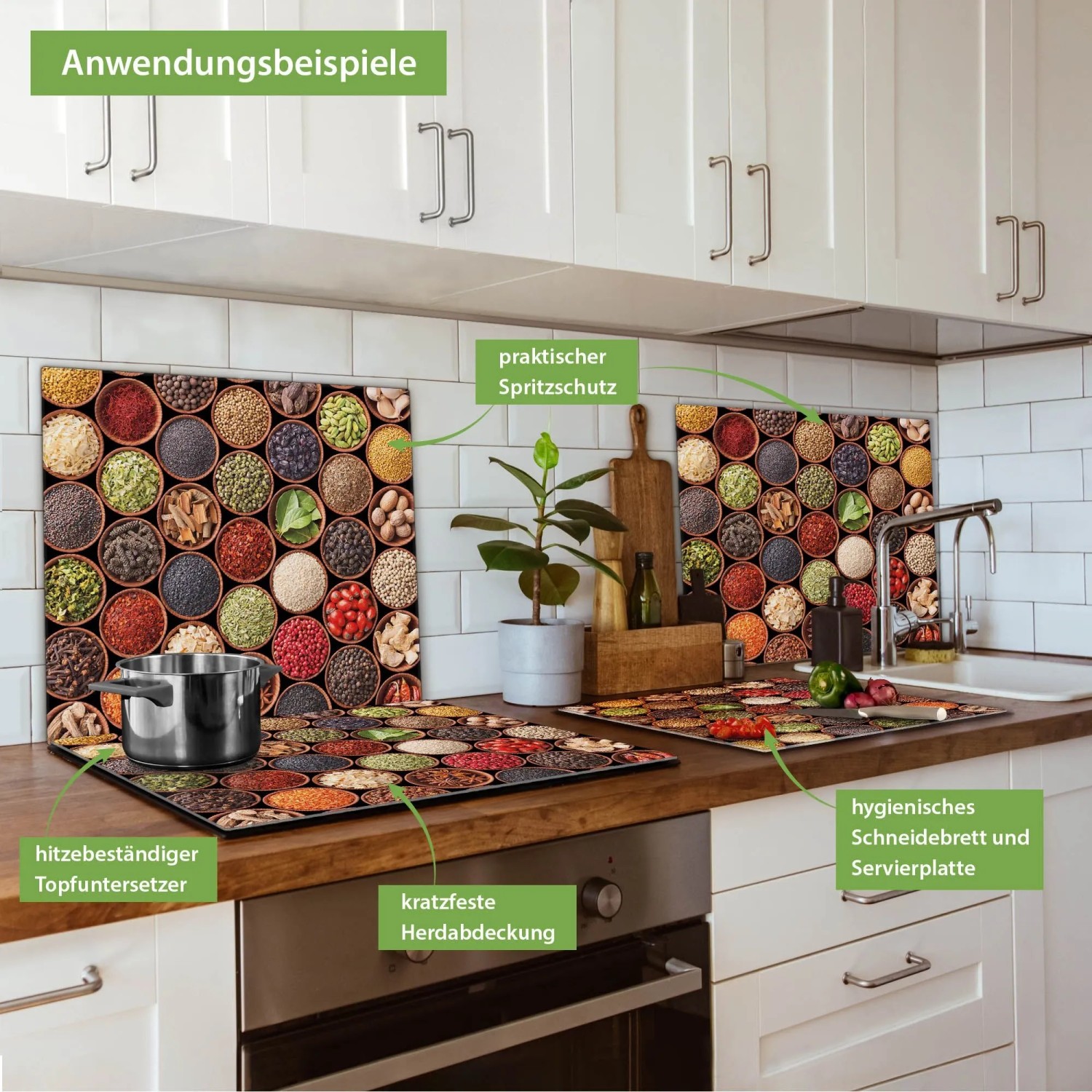 Banjado Glas Herdabdeckplatte 60x52cm mit Gewürzmotiv, als Schneidebrett, Spritzschutz und Topfuntersetzer.