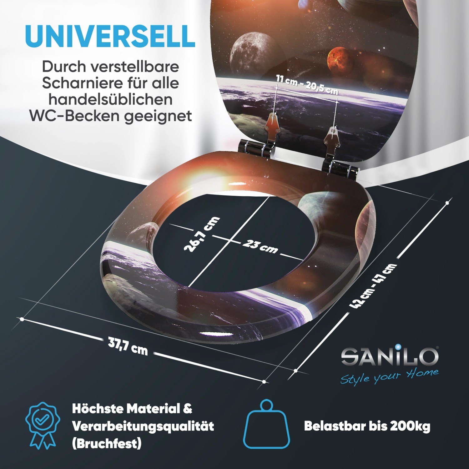 Sanilo WC-Sitz Planeten mit Absenkautomatik, Holz, robust und passend für Standard WC-Becken.